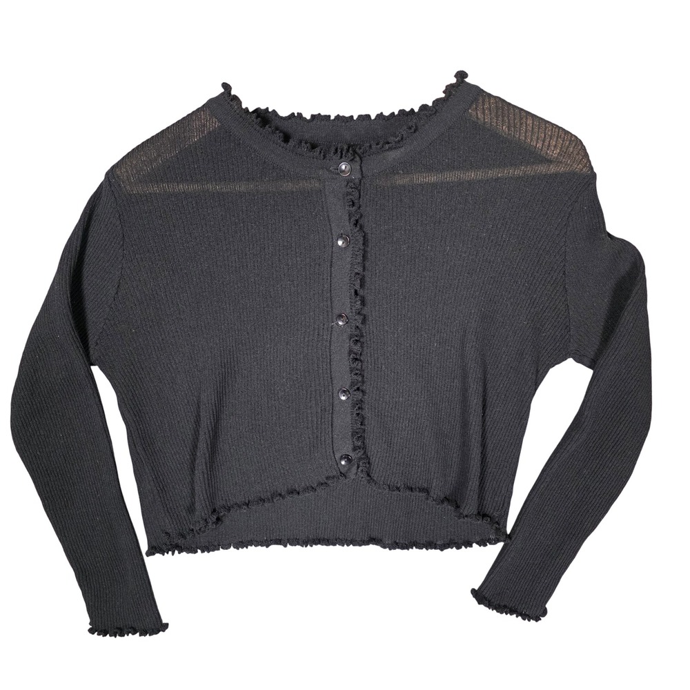 Ribbed Long Sleeve Button Lettuce Trim Cropped Cardigan Women's See Measurements
